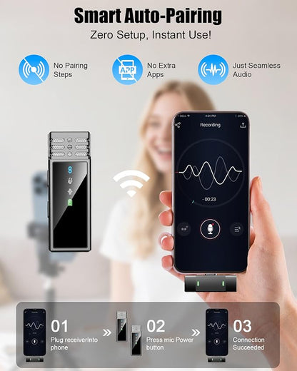 Wireless Lavalier Microphone for iPhone 15/16/17/Android, Lapel Mic with All-in-One 24H Charging Case, Noise Reduction, USB C Plug & Play Clip Mic for YouTube, TikTok, Podcast, Vlog, Black-Type C