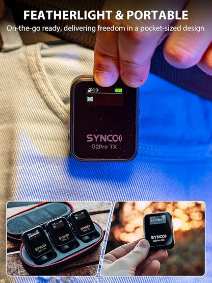 SYNCO G2(A2) Pro Dual Wireless Lavalier Mic with Charging Case 48KHz 24Bit for Vlogging Live Streaming Interviews Lapel Microphone 656FT for Camera Smartphone Tablet
