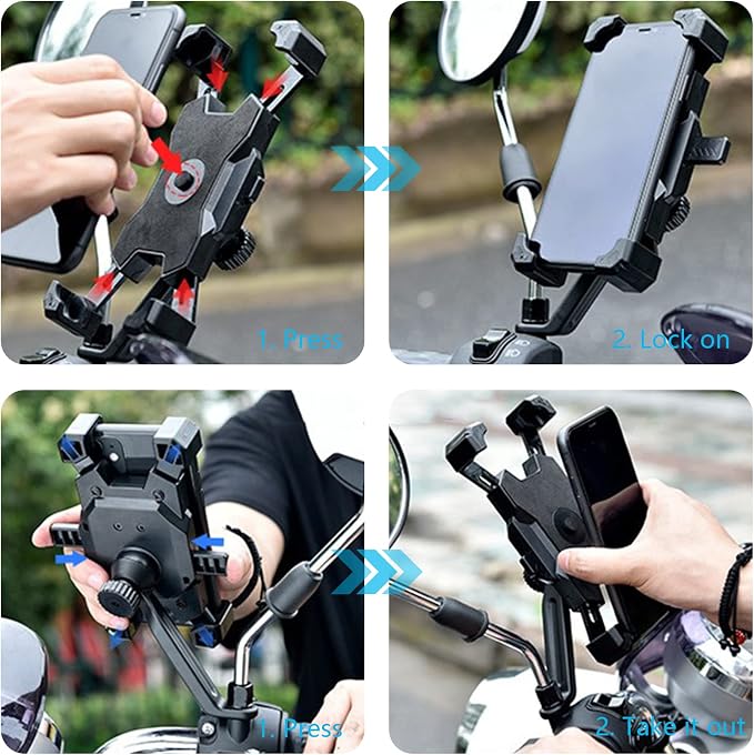 Motorcycle Phone Mount, Quick Release Motorbike Phone Holder Anti Shake Moped Scooter Rearview Mirror Holder Mount Universal for 4.0-6.8 Inch Smartphone - 360° Rotation Adjustable – Blue