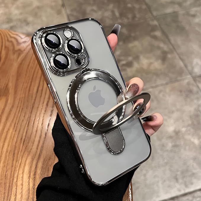 LXK Magnetic Invisible Stand for iPhone 15 Pro Max Case 6.7" Compatible with MagSafe, Military-Grade Protection, with Camera Protector, Clear Scratch-Resistant Cover for 15 ProMax,Natural Titanium