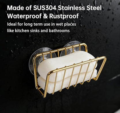 Kitchen Sink Suction Holder for Sponges,Soap,sink strainer, sink stopper.Food Graded Stainless Steel,No Drilling,Wall Mounted Soap Holder Soap Tray Bar Holder for Bathroom & Kitchen,Gold.