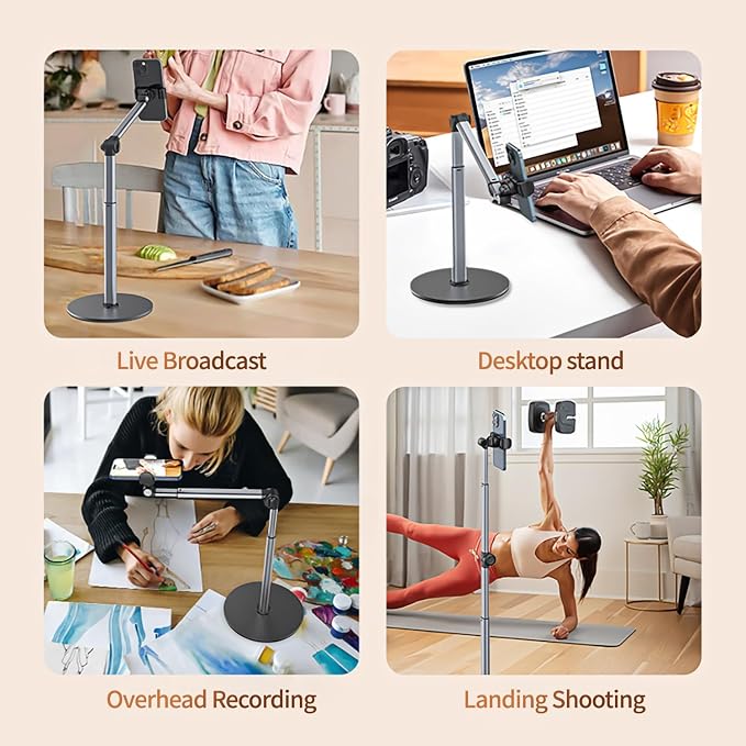 yAyusi Heavy Duty Aluminum Overhead Tripod for iPhone, 13.7 in Long Overhead Phone Mount, Flexible Articulating Arm Phone Mount for Desk for Live Streaming, Meeting, Cooking