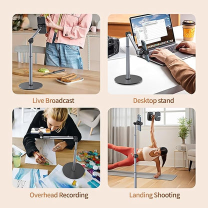 yAyusi Heavy Duty Aluminum Overhead Tripod for iPhone, 13.7 in Long Overhead Phone Mount, Flexible Articulating Arm Phone Mount for Desk for Live Streaming, Meeting, Cooking
