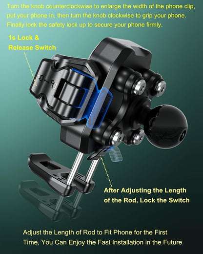 BRCOVAN Anti-Theft Motorcycle Phone Mount with Vibration Dampener, [1s Lock] [Camera Friendly] Handlebar Cellphone Holder for Bike Bicycle Scooter ATV, Adjustable Size Fit 5.4-7.2" Smartphone