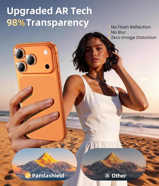 PandaShield 2-Pack Anti-Reflection Camera Lens Protector for iPhone 17/16/15 Pro & Pro Max, Easy Installation,9H Hardness,98% Ultra Clarity,Maintains Original Lens Design–Glitter Orange