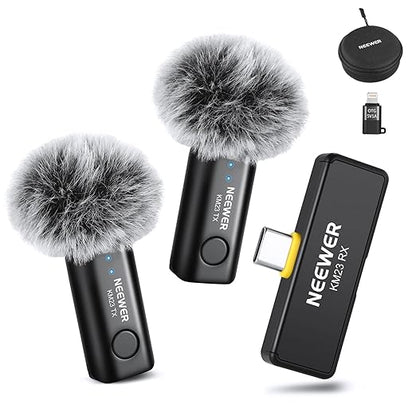 NEEWER Lavalier Wireless Microphone System, 1x USB C Receiver with OTG Adapter & 2X Noise Cancelling Omnidirectional Condenser Transmitter Compatible with iPhone 16 Pro Max S24 Ultra, KM23