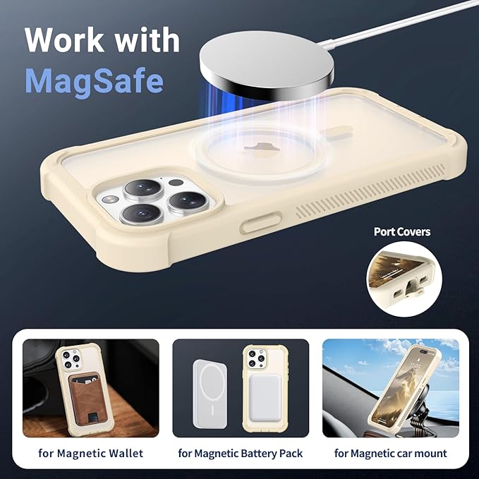 jaroco Magnetic for iPhone 15 Pro Max Case, [Compatible with MagSafe][Military Grade Drop Protection][Heavy Duty Protection][Non-Slip][Shockproof] 2-Layer Durable Bumper Phone Case 6.7''-Antique White