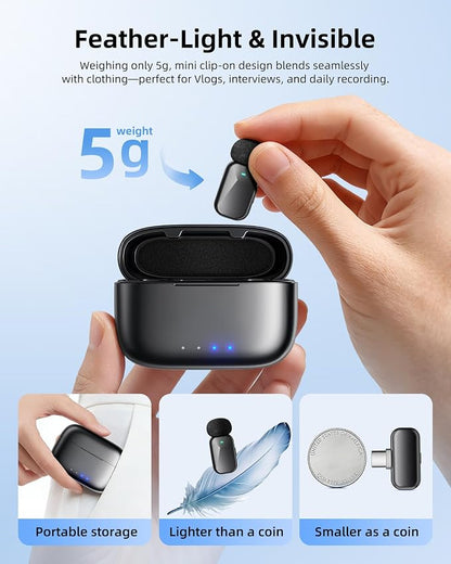 Mini Wireless Lavalier Microphone for iPhone Android Camera, Dual Channel Wireless Microphones with AI Noise Cancellation, 328ft Range, 36H Battery Case, Type-C, Lightning & USB Plug & Play