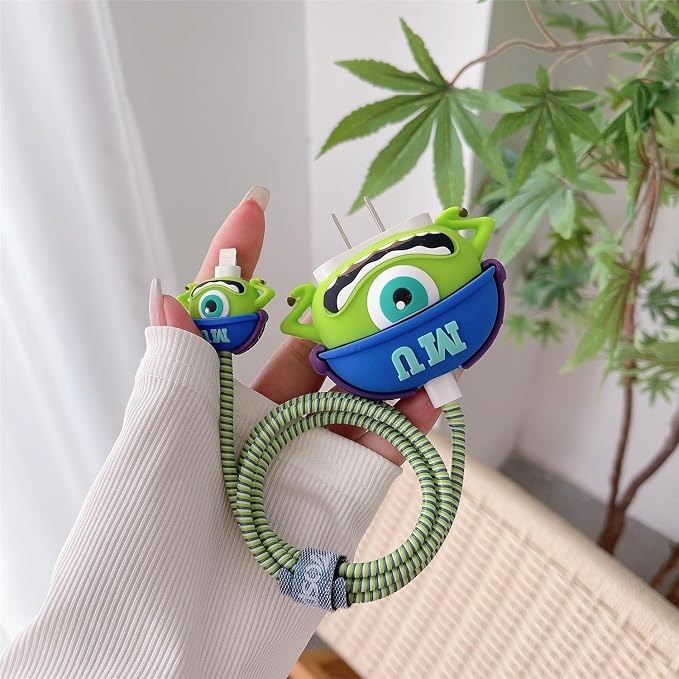 3D Cute Cartoon Charger Protector Case - Compatible for Apple 20W USB-C Power Adapter and Lightning Cable (Green 01)