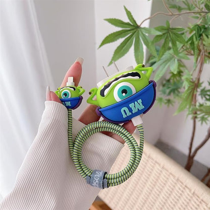 3D Cute Cartoon Charger Protector Case - Compatible for Apple 20W USB-C Power Adapter and Lightning Cable (Green 01)
