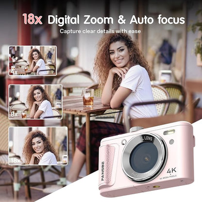 Digital Camera, 4K Vlogging Camera with 64MP, Point and Shoot Digital Cameras with 18X Zoom, Anti-Shake, Mode Dial, 32GB SD Card, Card Reader, Charger, Compact Small Cameras, Pink