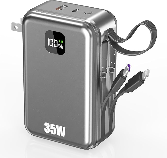 27000mAh Portable Charger with Wall Plug, 35W Fast Charging Power Bank Built-in Cables,4 Ports TSA-Approved Travel Essentials Charging Battery Bank (Space Gray)