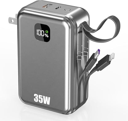 27000mAh Portable Charger with Wall Plug, 35W Fast Charging Power Bank Built-in Cables,4 Ports TSA-Approved Travel Essentials Charging Battery Bank (Space Gray)