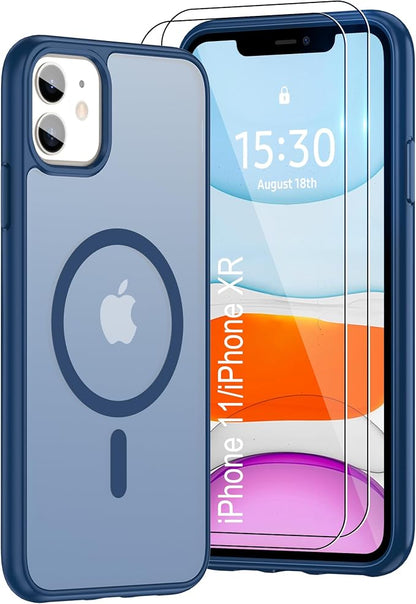 Pilaru for iPhone 11 Case & iPhone XR Case [Compatible with Magsafe] Translucent Matte Magnetic Case with Screen Protector,SlimThin Shockproof Protective Cover for iPhone 11 & iPhone XR-Dark Blue