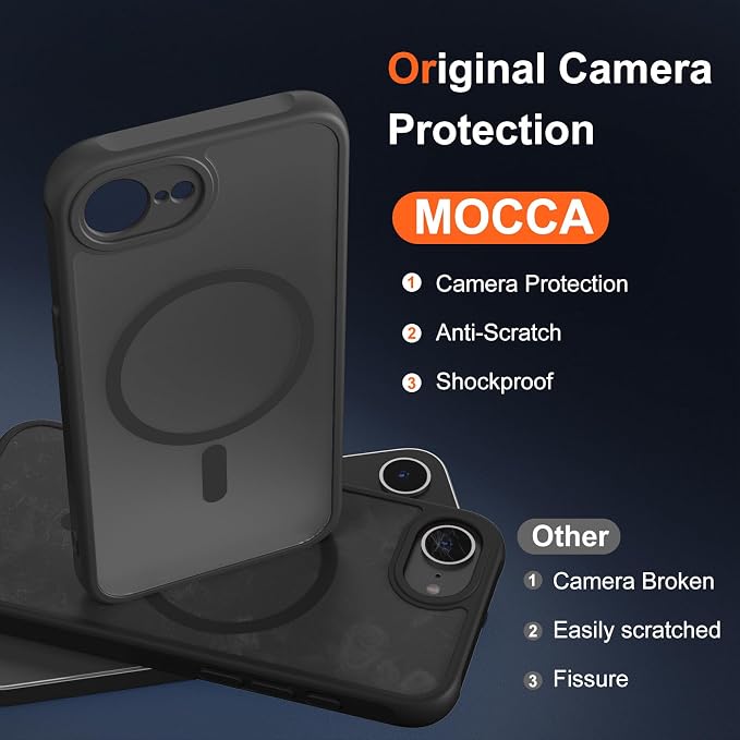 MOCCA Strong Magnetic for iPhone 17e Case/iPhone 16e Case [Compatible with Magsafe] [Full Camera Protection] Slim Translucent Matte Shockproof Phone Case for iPhone 17e / 16e 6.1", Black