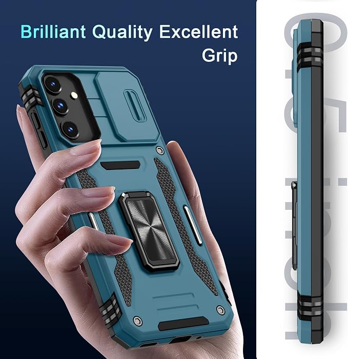 DEERLAMN Case for Samsung Galaxy A16 5G with Slide Camera Cover+Screen Protector (1 Pack), Rotated Ring Kickstand Military Grade Shockproof Protective Cover-Light Blue