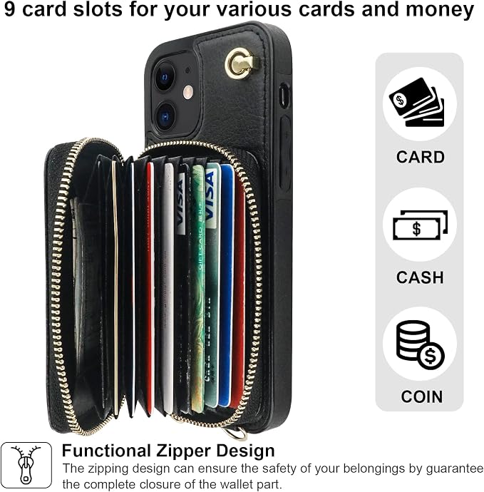 Bocasal Crossbody Wallet Case for iPhone 12/12 Pro, RFID Blocking Leather Purse Case with Card Holder, Protective Handbag Flip Cover with Zipper Wrist Strap Lanyard for Women 5G 6.1 Inch (Black)