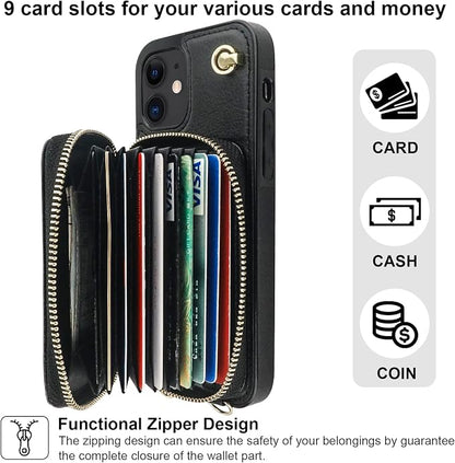 Bocasal Crossbody Wallet Case for iPhone 12/12 Pro, RFID Blocking Leather Purse Case with Card Holder, Protective Handbag Flip Cover with Zipper Wrist Strap Lanyard for Women 5G 6.1 Inch (Black)