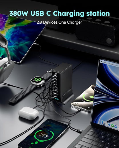 380W USB-C Charger Block, 8-Port USB-C Charging Station PD 30W + 100W PC Laptop, Fast Charging Hub with High-Power Fast Charging Cable for MacBook Pro/Air, DELL, iPad, iPhone, Samsung Galaxy Black