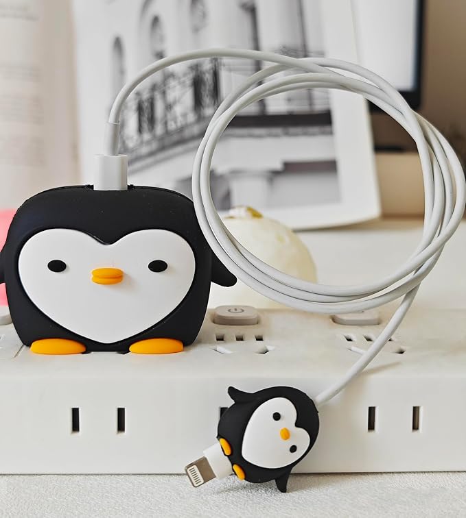 Compatible with Apple 20W/18W USB-C Adapter Charger, 3D Cartoon Protective Case for iPhone 20W USB-C Power Adapter Charger Fast Lightning Cable Cable Cover (Black Penguin)