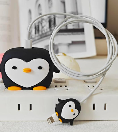 Compatible with Apple 20W/18W USB-C Adapter Charger, 3D Cartoon Protective Case for iPhone 20W USB-C Power Adapter Charger Fast Lightning Cable Cable Cover (Black Penguin)