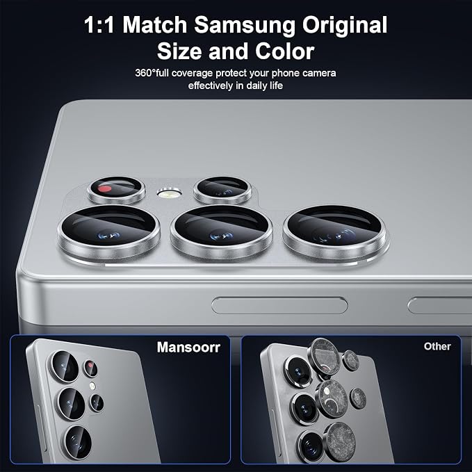 for Samsung Galaxy S25 Ultra Camera Lens Protector, [Military Grade Shatterproof] [Strong Adsorption] Matte Alloy Metal Ring Glass Camera Screen Protector for Galaxy S25 Ultra,Silver