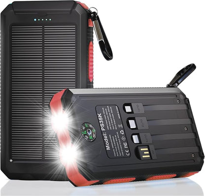 Solar Charger Power Bank 20,000mAh, Portable Charger, 4 Cables 3 Ports Fast Charging External Battery Pack with USB C for Cell Phones, Solar Panel Charger with Dual Flashlight for Camping Red