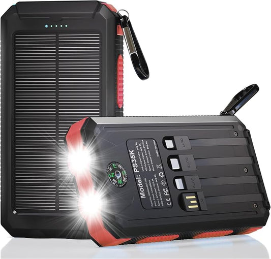 Solar Charger Power Bank 20,000mAh, Portable Charger, 4 Cables 3 Ports Fast Charging External Battery Pack with USB C for Cell Phones, Solar Panel Charger with Dual Flashlight for Camping Red