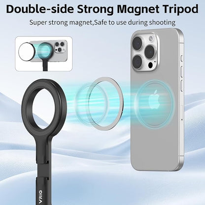 VRIG Magnetic Selfie Stick Tripod for iPhone with Cold Shoe,360 Rotatable Extendable Travel Phone Stand for Video Recording/Vlogging,Strong Holder with Metal Ring for iPhone 12-17/Android