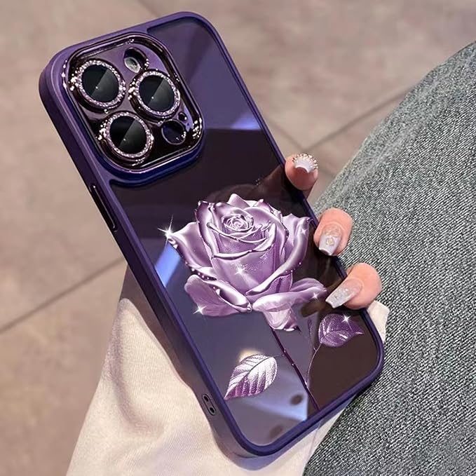 for iPhone Air Fairy Rose Clear Case, Cute Flower Floral with Glitter Bling Sparkly Camera Lens Protector TPU Bumper Shockproof Women Girls Protective Phone Case for iPhone 17 Air 6.5",Purple