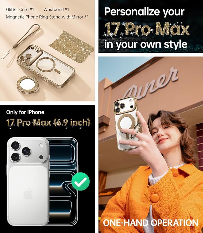 Magnetic Case Designed for iPhone 17 Pro Max with Removable Phone Ring Stand, Glitter Card & Wrist Strap, Compatible with MagSafe, Built in Mirror, Phone Ring Holder + Phone Case Kit, Desert Titanium
