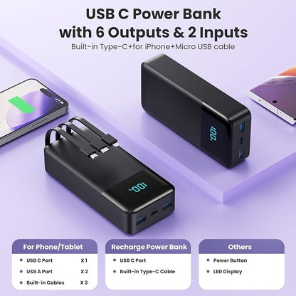 Portable Charger Power Bank 50800mAh,25W USB C Fast Charging Battery Pack with 3 Built in Cables & LED Display,6 Output 2 Input Travel Essentials Phone Charger for iPhone 17/16/15,Galaxy,Android etc