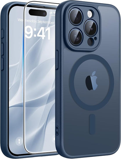 FNTCASE for iPhone 15 Pro Case: [Compatible with Magsafe] Translucent Matte Cases with [Full Camera Protection] [Screen Protector] Military Grade Shockproof Protective Phone Cover - Blue