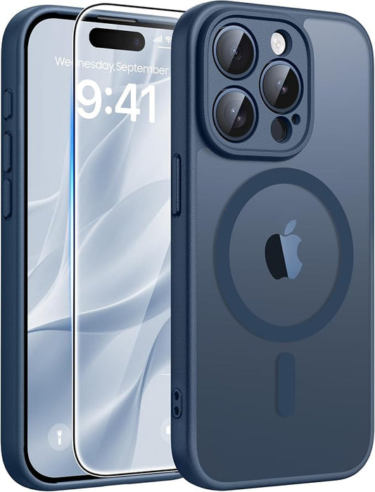 FNTCASE for iPhone 15 Pro Case: [Compatible with Magsafe] Translucent Matte Cases with [Full Camera Protection] [Screen Protector] Military Grade Shockproof Protective Phone Cover - Blue