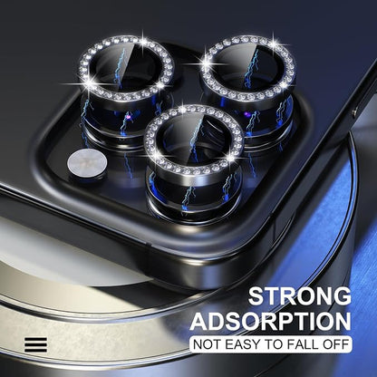 Choiche Compatible for iPhone 15 Pro/iPhone 15 Pro Max Camera Lens Protector Bling, 9H Tempered Glass Camera Cover Screen Protector Metal Ring Decoration Accessories (Diamond-Black)