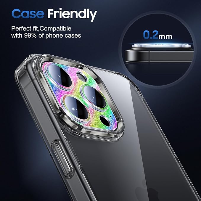 UniqueMe for 3 Pack iPhone 16 Pro/iPhone 16 Pro Max Camera Lens Protector - [Drop Protection] [Case Friendly] 9H Tempered Glass Camera Cover Screen [Update New Version] - Glitter Colorful