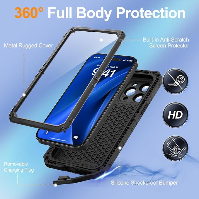 Mitywah Waterproof Case for iPhone 15 Pro, Heavy Duty Shockproof Case with Built-in Screen Protector, Full Body Underwater Protective Metal Case 6.1 inch, Black