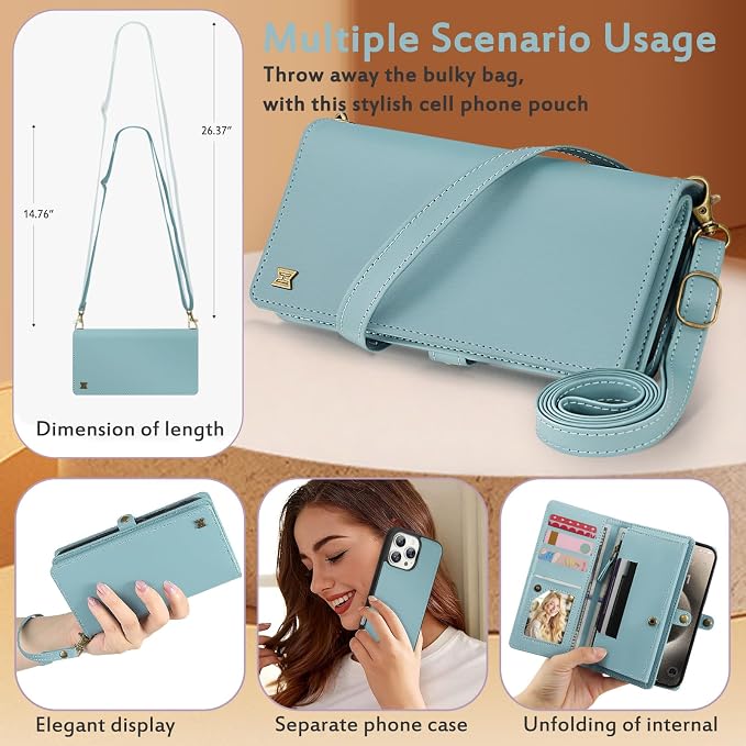 for Wallet Case Compatible with iPhone 15 Pro Max,Multi-Function Detachable 2 in 1 Magnetic iPhone 15 Pro Max Case Wallet,Flip Strap Zipper Card Holder Phone Case with Shoulder Straps (Blue)