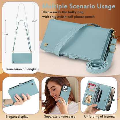 for Wallet Case Compatible with iPhone 15 Pro Max,Multi-Function Detachable 2 in 1 Magnetic iPhone 15 Pro Max Case Wallet,Flip Strap Zipper Card Holder Phone Case with Shoulder Straps (Blue)
