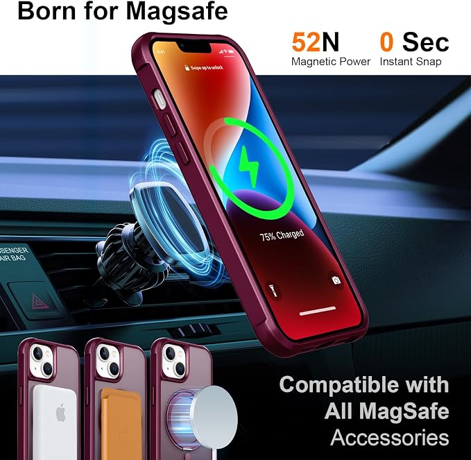 360° Magnetic Swivel Ring for iPhone 14 case, Built-in Metal Stand and Ring Holder, Magsafe Compatible, Military Grade Protection, Shock and Vibration Resistant - Wine Red