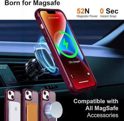 360° Magnetic Swivel Ring for iPhone 14 case, Built-in Metal Stand and Ring Holder, Magsafe Compatible, Military Grade Protection, Shock and Vibration Resistant - Wine Red