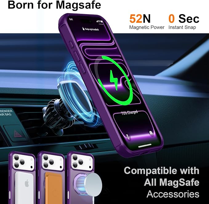 360° Magnetic Swivel Ring for iPhone 17 pro max case, Built-in Metal Stand and Ring Holder, Magsafe Compatible, Military Grade Protection, Shockproof - Purple