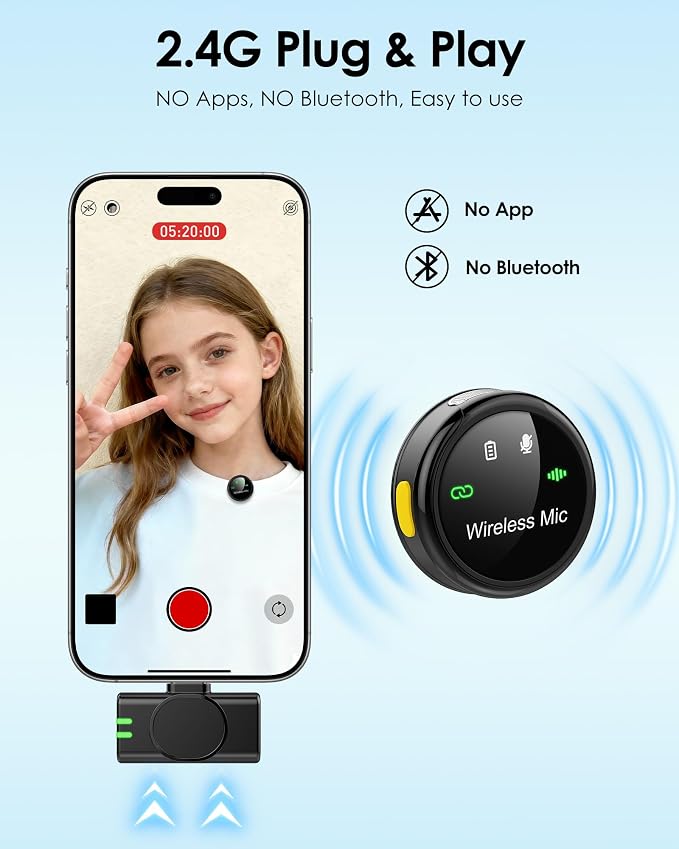 Wireless Lavalier Microphone for iPhone, iPad and Android(Lightning/USB C), Mini Microphones 30 H Battery Life, 2 Pack Round Mini Mics for Video Recording YouTube TikTok Content Creator