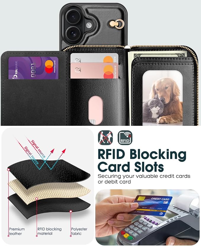 OCASE Compatible with iPhone 16 Crossbody Wallet Case with Card Holder, PU Leather Zipper Handbag Phone Purse with RFID Blocking Kickstand Wrist Strap Lanyard 6.1 Inch, Black