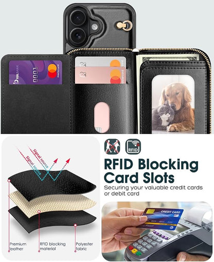 OCASE Compatible with iPhone 16 Crossbody Wallet Case with Card Holder, PU Leather Zipper Handbag Phone Purse with RFID Blocking Kickstand Wrist Strap Lanyard 6.1 Inch, Black