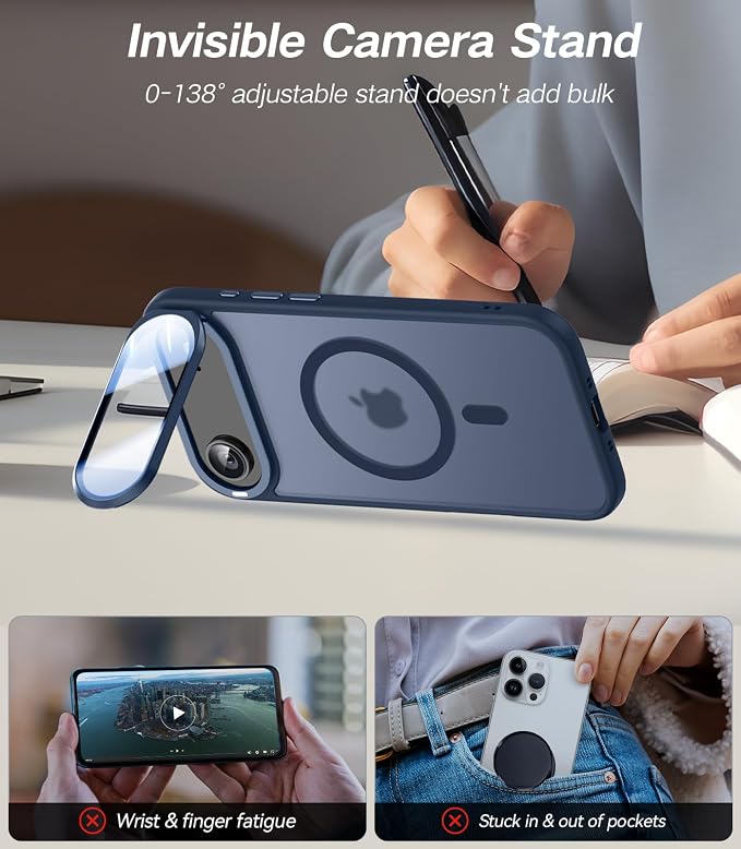 [Upgraded Full Camera Protection] for iPhone Air Case with Camera Cover Stand [Fit for MagSafe][10FT Mil-Grade Protection] Translucent Magnetic Phone Cover for iPhone 17 Air Case, Blue