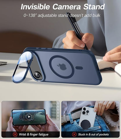 [Upgraded Full Camera Protection] for iPhone Air Case with Camera Cover Stand [Fit for MagSafe][10FT Mil-Grade Protection] Translucent Magnetic Phone Cover for iPhone 17 Air Case, Blue