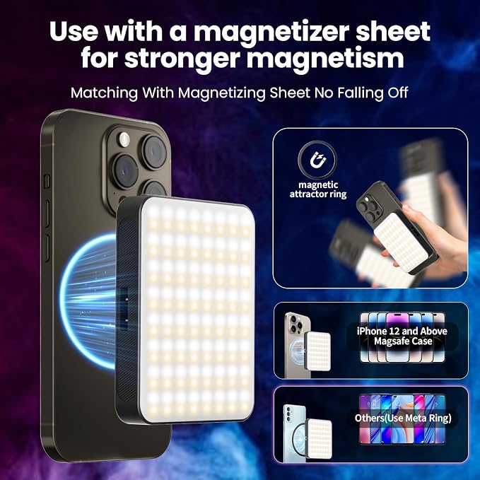 136 LED RGB Magnetic Selfie Light, gliship Portable 360° Full Color RGB Video Light Compatible with Magsafe Rechargeable Portable Clip Fill Light with 9 Lights Modes for Phone Camera Laptop Camera