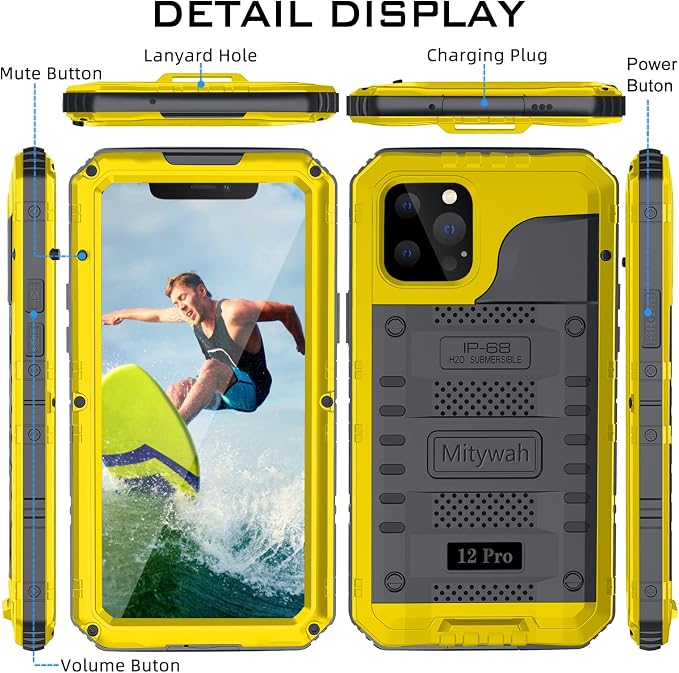 Mitywah Waterproof Case for iPhone 12 Pro, Heavy Duty Shockproof Case with Built-in Screen Protector, Full Body Underwater Protective Metal Case 6.1 inch, Yellow