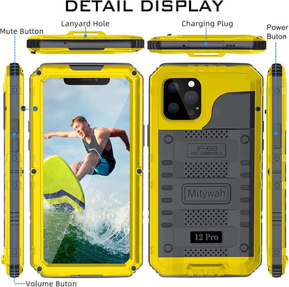 Mitywah Waterproof Case for iPhone 12 Pro, Heavy Duty Shockproof Case with Built-in Screen Protector, Full Body Underwater Protective Metal Case 6.1 inch, Yellow